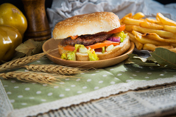 Cheese burger - American cheese burger with Golden French fries