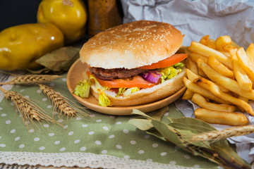 Cheese burger - American cheese burger with Golden French fries