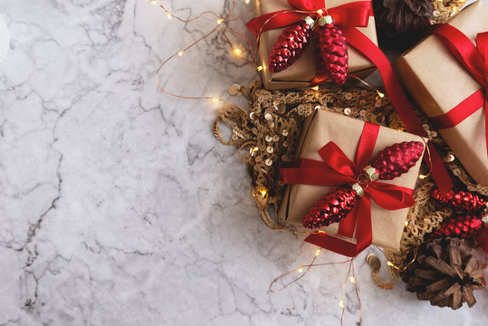 Christmas present on barble background top view image