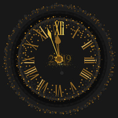 Gold Clock indicating countdown to 12 O' Clock 2019 New Year's Eve on a black background with gold dust 