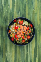 Salmon salad Gourmet cereals Cooked soy beans Cucumber Carrots