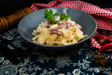 tasty Carbonara pasta on the table