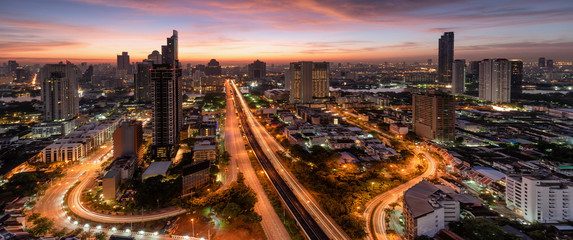 City lanscape Bangkok business capital .Panoramic and perspective view light blue background of glass high rise building skyscraper commercial of future. Business city background.
