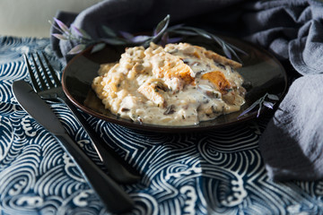 risotto with fresh cream, salted chicken, rehydrated ceps and mushrooms