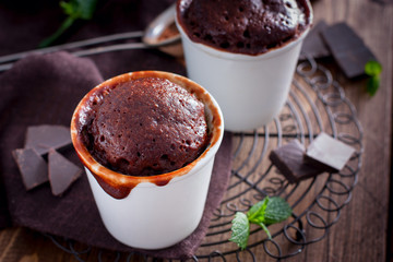 Chocolate cupcake, cooked glass in a microwave, horizontal