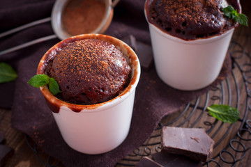 Chocolate cupcake, cooked glass in a microwave, horizontal