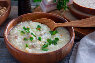 Kulesh, traditional Ukrainian soup of millet and bacon soup, horizontal