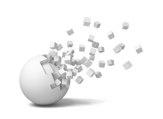 3d rendering of an isolated white round ball getting deteriorated with small pieces flying up.