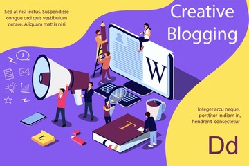 Creative Blogging isometric illustration concept, people learning about creative blogging or copywriting can use for web page, banner, presentation, social media, documents, cards, posters.