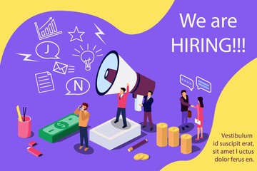 Isometric concept for Human resources. Group of people shouting on megaphone with we are hiring word vector illustration for web page, banner, presentation, social media, documents, cards, posters.