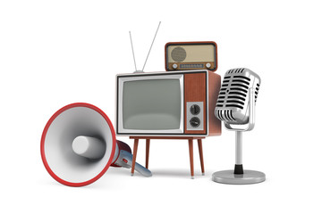 3d rendering of several isolated pieces of vintage equipment: a megaphone, a TV set, a radio and a microphone.