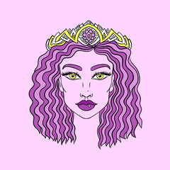 Doodle girls face. Womens purple portrait. Vector illustration.