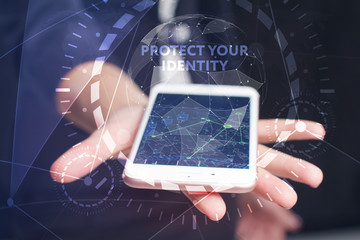 The concept of business, technology, the Internet and the network. A young entrepreneur working on a virtual screen of the future and sees the inscription: Protect your identity
