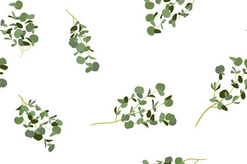 Eucalyptus Vector. Cute Seamless Pattern with Vector Leaves, Branches and Floral Elements. Elegant Cute Background for Rustic Wedding Design, Fabric, Textile, Dress. Eucalyptus Vector in Vintage Style