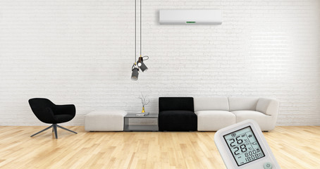 modern bright interiors Living room with air conditioning illustration 3D rendering computer generated image