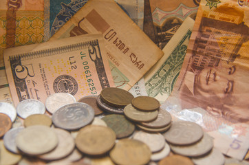 Banknotes and coins from different countries.Money background, Closeup money collection