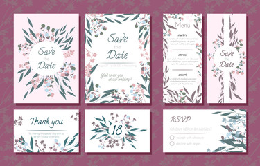 Wedding Card Templates Set with Eucalyptus Branch. Decorative Frames with Leaves, Floral and Herbs Garland. Menu, Rsvp, Label, Invitation with Nature Wreath. Vector Hand Drawn Wedding Cards Isolated.