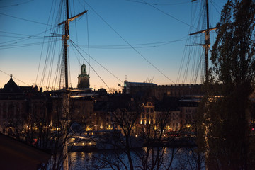 Evening view over Gamla Stan, old town, in Stockholm from Skeppsholmen island.