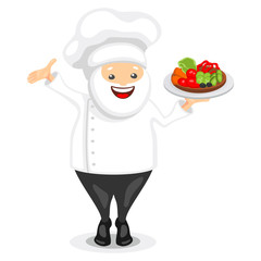 Cute chef character. Funny cook in white hat holding dish with vegetables on a tray. Vector illustration in cartoon style.