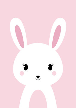 White bunny rabbit on pink background. Flat design. Perfect for wall art or other needs. Vector illustration.