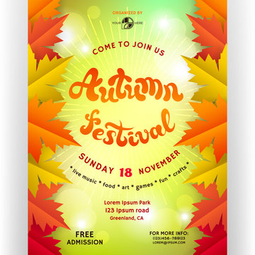 Autumn festival poster design. Bright colorful background with shadows, bokeh effect and shines.