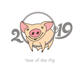 Cute funny pig in the circle of numbers 2019. Vector New Year's design. 
