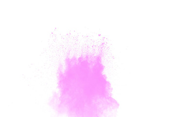 Bizarre forms of pink powder explosion on white background.