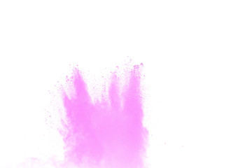 Bizarre forms of pink powder explosion on white background.