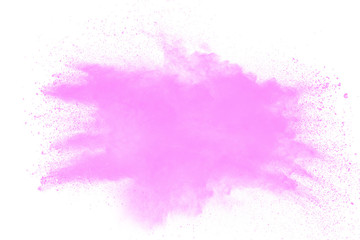 Bizarre forms of pink powder explosion on white background.