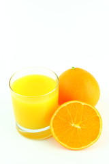 glass of orange juice and fresh orange fruits isolated on a white background with copy space