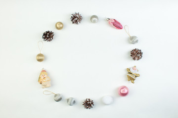 Christmas composition. Gift, christmas decoration, pine cones. Flat lay, top view.