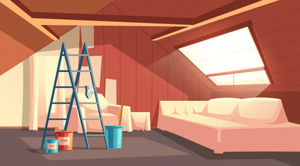 Vector concept of attic repair. Renovation of wooden room under a roof. Furniture under a protective covering, stepladder with paint barrels.Equipment for wallpapering. Revival of loft, vintage garret