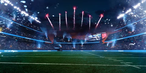 Fotobehang Empty American fotball field. celebrate win or touchdown. focus in grass. little unfocus in background © Anna Stakhiv