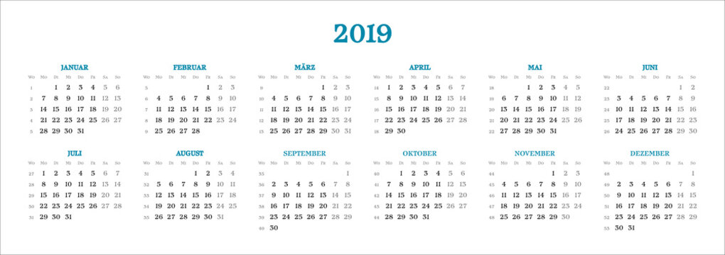 Kalender für 2019, 2-zeilig