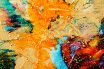 Abstract color background. Acrylic paint with sparkles. Colorful blots. Marble texture.
