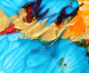 Abstract color background. Acrylic paint with sparkles. Colorful blots. Marble texture.