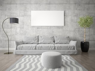 Mock up fashionable living room with stylish shapes and hipster backdrop.