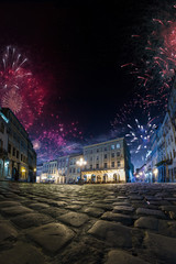 Celebration City background with Fireworks. Empty night plaza, old architecture. Festival