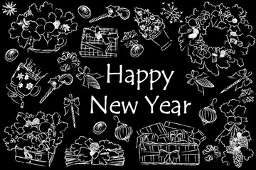 A set of New Year design element in doodle style on black background