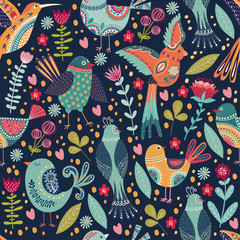 Vector elegant childish seamless pattern with cute beautiful birds and flowers. Folk background in cute cartoon style.