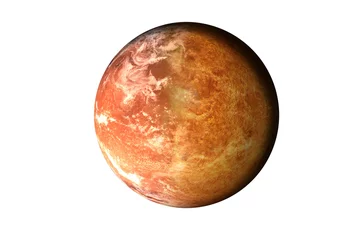 Zelfklevend Fotobehang Halve planeet Mars met atmosfeer met halve Venus-planeet van het zonnestelsel geïsoleerd op een witte achtergrond. Dood van de planeet. Elementen van deze afbeelding zijn geleverd door NASA. Voor elk doel gebruik. © ALEXANDR YURTCHENKO