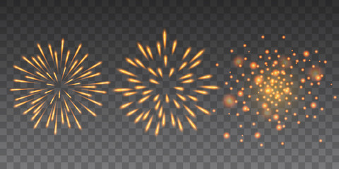Beautiful yellow glittering fireworks Happy New Year collection on transparent background.