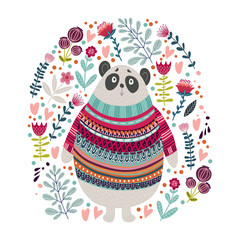 Obraz premium Sztuka wektor ilustracja kolorowy z niedźwiedziem i kwiatami.