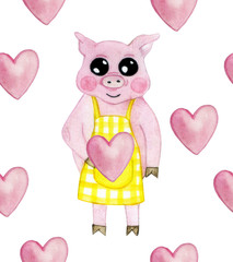 watercolor pink pigs and heart pattern