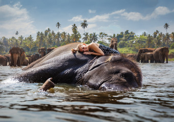 The woman wach her best friend elephant with love and stay in the great relationship.