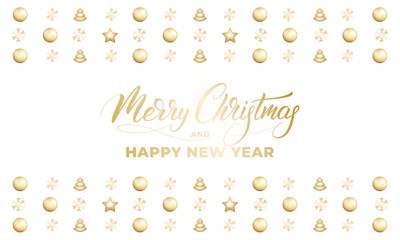 Christmas and New Year banner. Winter holiday card with shiny gold decorations and calligraphy.