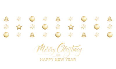 Merry Christmas. Winter holiday card with shiny gold decorations and Christmas calligraphy.