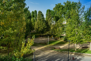 park with trees and benches along riverbank