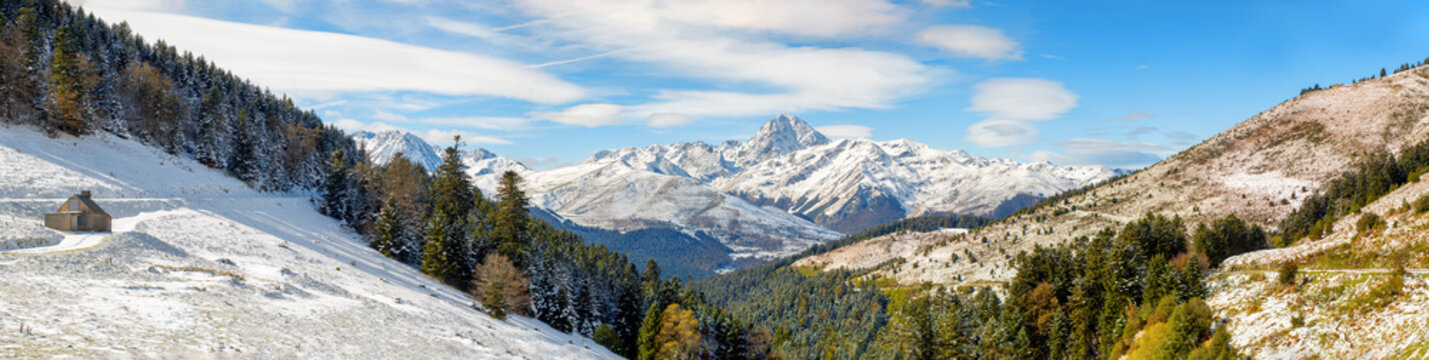panorama of french pyrenees mountains with Pic du Midi de Bigorre in background