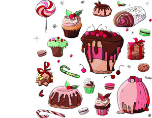 Stock vector set of different  christmas and winter desserts and sweets with chocolate, holly berries and snowflakes. Isolated hand drawn festive food illustration with christmas decoration. 